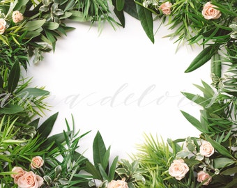 Styled Stock Photo, Flower Stock Product Photography, Floral Wreath Garland, Spray Roses, Greenery Border, Green Garland Custom Stock Photos