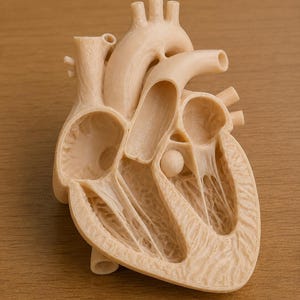 May include: A beige anatomical model of a human heart, featuring a cross-section view that reveals the internal chambers, valves, and major blood vessels. The model displays intricate details of the cardiac structure, including the ventricles, atria, and aorta, rendered in a solid, light-colored material with a smooth, matte finish.