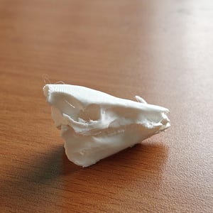 May include: A small, white, 3D-printed reptile skull. The skull has visible eye sockets and a textured surface. The object is on a wooden surface.