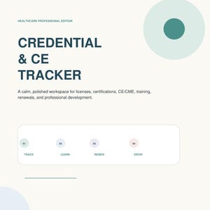 May include: A digital document titled Healthcare Professional Edition Credential & CE Tracker. It features a light background with a teal circle, four numbered icons labeled Track, Learn, Renew, and Grow, and text stating 10 printable worksheets.