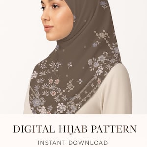May include: A digital hijab pattern in a muted brown color, featuring floral and geometric designs along the edges. The image includes the text "DIGITAL HIJAB PATTERN" and "INSTANT DOWNLOAD". The brand name "NoorBeam" is also visible.