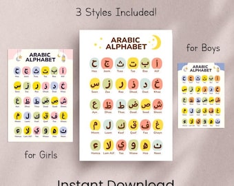 Poster alphabet arabe pour enfants • Art mural islamique • Tableau des lettres arabes imprimable