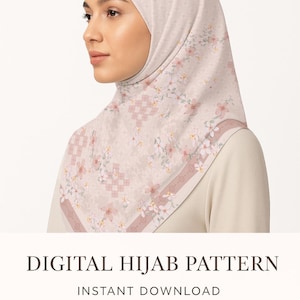 May include: A digital hijab pattern with a floral design in soft pink and beige tones. The hijab features a geometric pattern and floral accents. The text "VOL. 03" is visible in the upper right corner. The text "DIGITAL HIJAB PATTERN" and "INSTANT DOWNLOAD" are also visible.