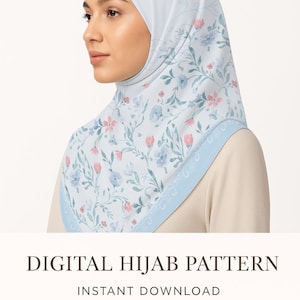 May include: A light blue hijab with a floral design in pink and blue. The hijab is worn by a person and features the text "DIGITAL HIJAB PATTERN" and "INSTANT DOWNLOAD". The brand name "NoorBeam" is also visible.