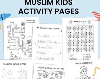 May include: A set of ten Muslim kids' activity pages. The pages include tracing, word search, and coloring activities. The pages feature Islamic shapes, words, and illustrations, with a blue and white background.