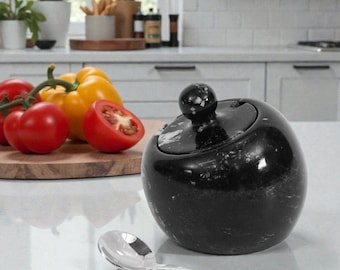 Black Marble Salt Cellar with Lid 3 Inch Handmade Marble Salt and Pepper Shaker Spice Storage Jar Kitchen Counter Decor and Sugar Containers
