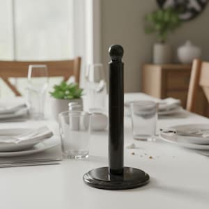 May include: A black marble paper towel holder with a round base and a cylindrical post topped with a small sphere. The holder is on a white table set for a meal, with plates, glasses, and silverware.