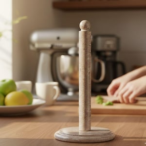 May include: A beige marble paper towel holder with a round base and a cylindrical central post topped with a small sphere. The holder is on a wooden countertop in a kitchen setting.
