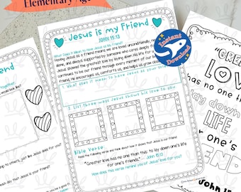 Puede incluir: Tres hojas de actividades imprimibles para niños de primaria. Las hojas incluyen el texto "Jesús es mi amigo" y versículos bíblicos. Una hoja es una página para colorear. Las hojas están diseñadas para descarga instantánea.