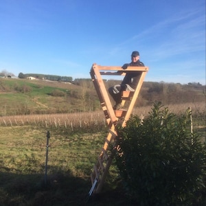 Peut inclure: Un mirador de chasse en bois avec une échelle, installé dans un champ sous un ciel bleu clair. La structure est en bois clair et a un sommet triangulaire. Une personne est assise dans le mirador.