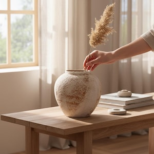 May include: A textured, cream-coloured ceramic vase with a round shape and a wide opening. A hand is placing a dried, feathery plant stem into the vase. The vase sits on a light-coloured wooden table, with books and decorative stones.