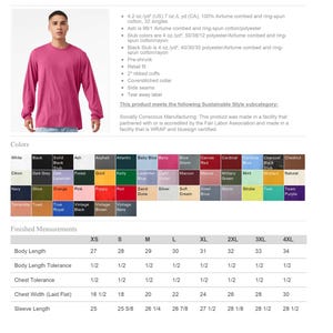 Puede incluir: Camiseta de manga larga de jersey en color baya vibrante. La camiseta tiene cuello redondo, pu&ntilde;os acanalados y est&aacute; hecha de una tela suave preencogida. Disponible en tallas XS a 4XL. La camiseta es de Bella+Canvas.