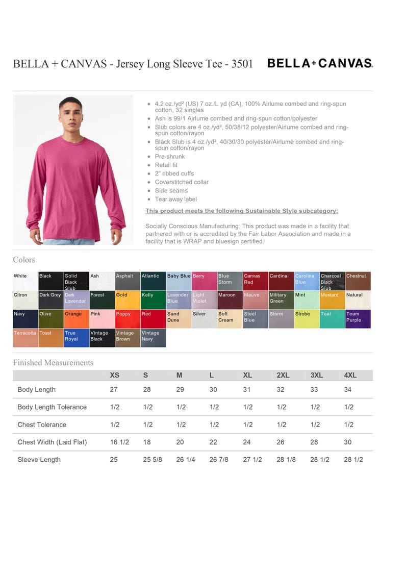 Puede incluir: Camiseta de manga larga de jersey en color baya vibrante. La camiseta tiene cuello redondo, pu&ntilde;os acanalados y est&aacute; hecha de una tela suave preencogida. Disponible en tallas XS a 4XL. La camiseta es de Bella+Canvas.