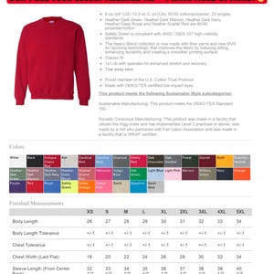 Puede incluir: Una sudadera de cuello redondo Gildan Heavy Blend roja. La imagen incluye una tabla de colores con opciones como negro, blanco y marino. El texto de la imagen dice "DON'T SEE YOUR COLOR? MESSAGE ME - I HAVE MORE OPTIONS!"
