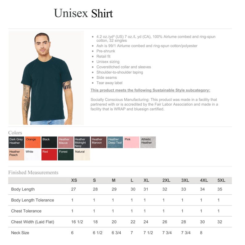 Puede incluir: Una camiseta unisex de color verde azulado oscuro. La camiseta est&aacute; hecha de 100% algod&oacute;n Airlume peinado y hilado en anillo. La imagen incluye una carta de colores con opciones como negro, rojo y rosa, y una tabla de tallas.