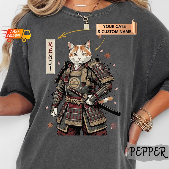 Custom Samurai Cat Shirt, Personalized Pet Portrait Japanese Cat Sweatshirt, Ninja Warrior Cat Mom Dad Gift