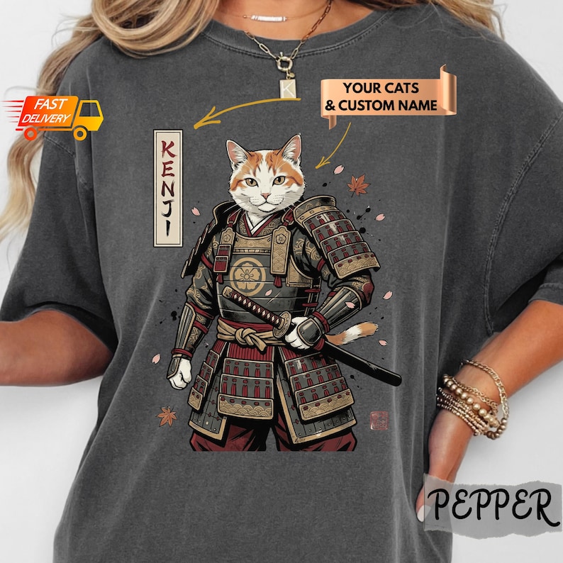 Transform your furry friend into a legend with our Custom Samurai Cat Shirt, featuring a Personalized Pet Portrait Japanese Cat Sweatshirt design. This unique item makes an incredible Ninja Warrior Cat Mom Dad Gift. If you appreciate detailed Japanese cat drawing art or are looking for a Stylish Cat T-Shirt, this top is unmatched.
