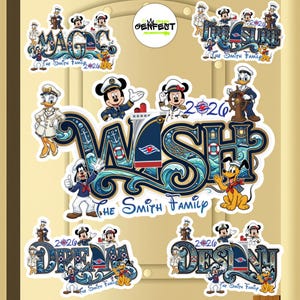 May include: A collection of nautical-themed stickers featuring Disney characters in sailor outfits. The designs include the words MAGIC, TREASURE, WISH, DREAM, and DESTINY, along with the text THE SMITH FAMILY and 2026, set against a light tan background.