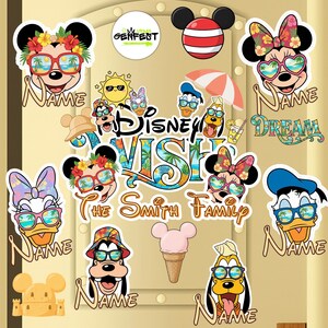 May include: A collection of Disney-themed stickers featuring Mickey and Minnie Mouse, Donald Duck, Daisy Duck, and Goofy. Each character wears sunglasses and tropical-themed accessories. The stickers include the text "Disney Wish" and "The Smith Family."