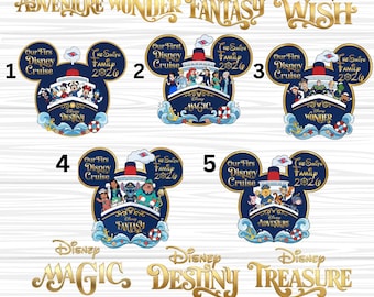 Puede incluir: Una colección de diseños temáticos de cruceros de Disney. Cada diseño presenta una forma de cabeza de Mickey Mouse con un crucero, personajes y texto como "Our First Disney Cruise" y "The Smith Family 2026". Los diseños son en azul marino, rojo y blanco.