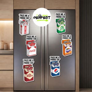 May include: A collection of colorful fridge magnets shaped like cigarette packs, each filled with cans of soda. The magnets feature popular brands like Coca-Cola, Fanta, and Diet Coke, with the text "PASS ME A FRIDGE CIG".