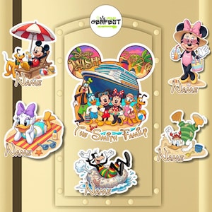Ímãs de porta personalizados com Mickey, Minnie, Donald, Margarida, Pateta e Pluto para sua primeira viagem de cruzeiro da Disney. Ideal para decorar sua cabine ou porta.