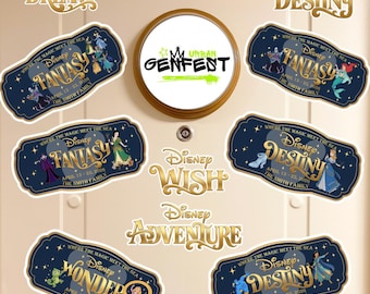 Puede incluir: Una colección de pegatinas y logotipos con temática de Disney. Las pegatinas presentan las palabras "Fantasy", "Destiny", "Wonder", "Wish", "Adventure" y "Dream" en letras doradas. Las pegatinas son de color azul marino con detalles dorados e incluyen el texto "Where the magic meet the sea". También hay una pegatina redonda con el texto "URBAN GENFEST".