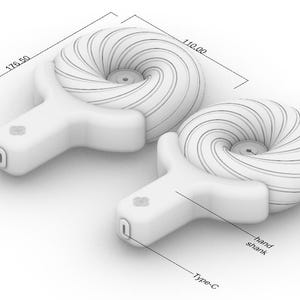 May include: Two white, futuristic-looking devices with a spiral design, labeled with measurements in millimeters. Each device has a hand shank and a Type-C port. The design includes a coil, copper wire, and an electromagnet.