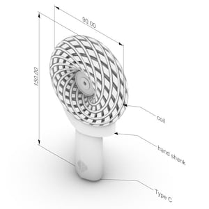 May include: A white, 3D-rendered object with a spiral coil design, labeled "coil," atop a hand shank and a "Type C" base. The object is 150 mm tall and 90 mm wide.