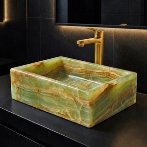 Green Onyx Stone Sink, Handmade Rectangular Bathroom Basin, Luxury Vanity Sink, Natural Marble Washbasin, Modern Countertop Vessel Sink