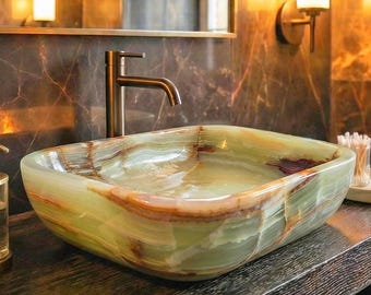 Onyx Stone Vessel Sink, Rectangular Stone Basin, Handcarved Natural Marble Vanity Top, Luxury Modern Bathroom Decor, Custom Marble Sink