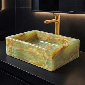Grün Onyx Marmor Waschbecken | Handgefertigtes rechteckiges Badezimmer Waschbecken | Flache Basis Luxus Waschtisch | Naturstein | Modernes Arbeitsplatten Waschbecken