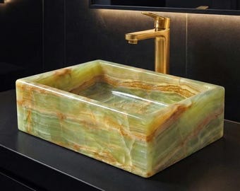 Green Onyx Marble Sink | Handmade Rectangular Bathroom Basin | Flat Base Luxury Vanity Sink | Natural Stone | Modern Countertop Sink