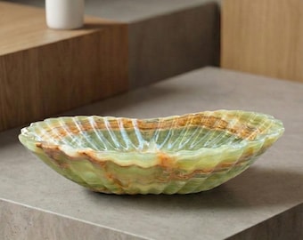 Cuenco de barco de mármol de ónix, cuenco de piedra natural tallado a mano, cuenco decorativo con diseño floral, centro de mesa para mesa de comedor y encimera de cocina.