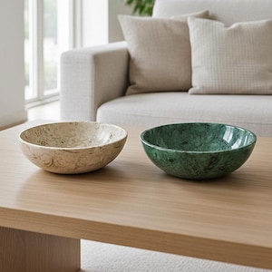 Conjunto de Tigelas em Mármore Verde e Mármore Fóssil | Tigela de servir artesanal em pedra natural | Decoração moderna para cozinha | Tigela para frutas e saladas, conjunto com 2 peças