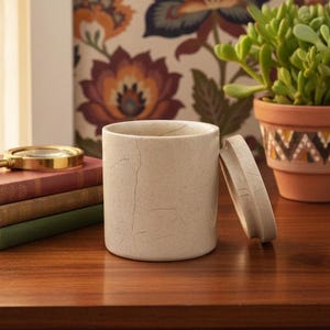 Puede incluir: Un jarrón de cerámica beige con tapa a juego, sobre una superficie de madera. El jarrón tiene una textura agrietada. También se ven una pila de libros, una lupa y una planta suculenta en maceta. El fondo presenta un papel pintado con motivos florales.