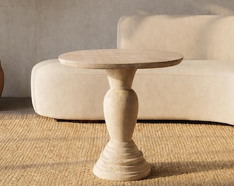 Tavolino con piedistallo in marmo travertino per soggiorno, tavolino laterale in pietra naturale fatto a mano, tavolino in marmo beige, tavolo da caffè e da pranzo