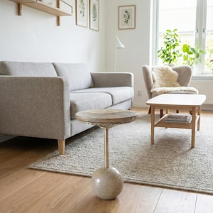 Pu&ograve; includere: Un soggiorno con un divano grigio chiaro, un tavolino rotondo con base in pietra e un tappeto colorato chiaro. La stanza ha una palette di colori neutri con pavimenti in legno e una finestra.