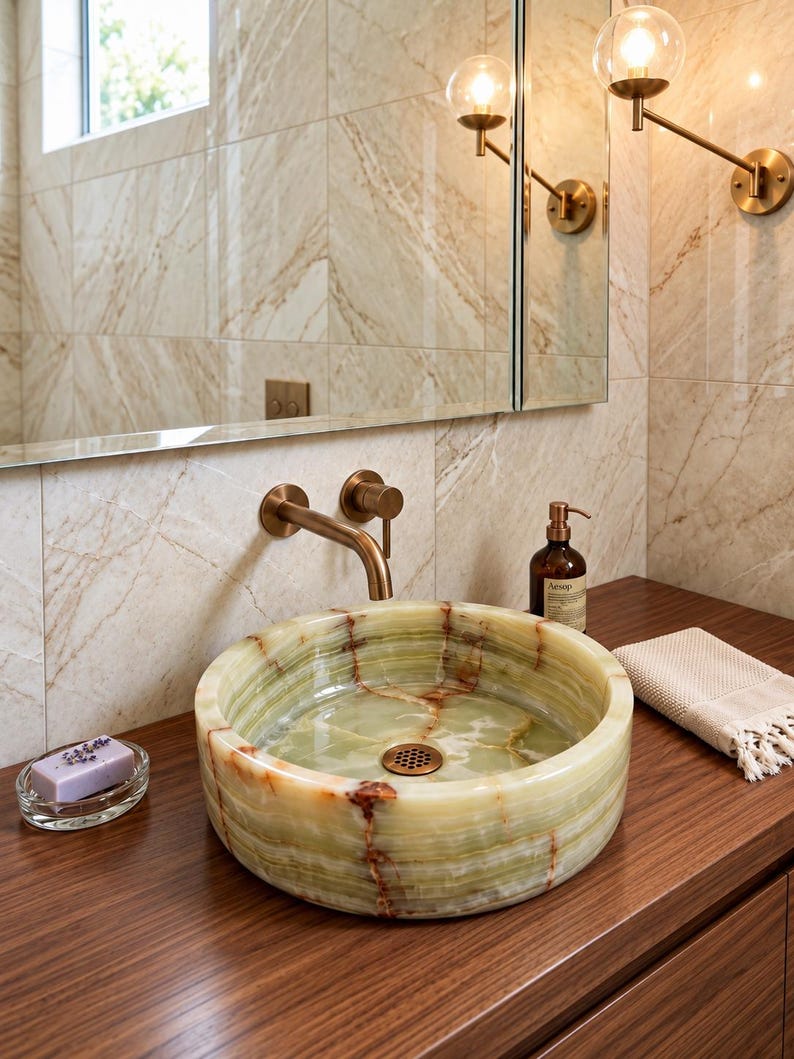May include: A round vessel sink crafted from light green onyx stone with natural brown veining. The sink features a polished finish and a circular bronze drain cover, paired with a wall-mounted bronze faucet fixture above the basin.