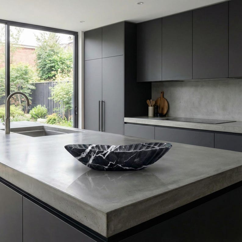 May include: A black and white marble decorative bowl with a leaf design sits on a gray countertop in a modern kitchen. The kitchen features dark gray cabinets and a large window overlooking a green yard.