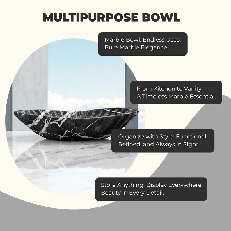 May include: A black and white marble multipurpose bowl. The bowl has a unique shape and is displayed on a marble surface. Text on the image reads "Marble Bowl. Endless Uses. Pure Marble Elegance."