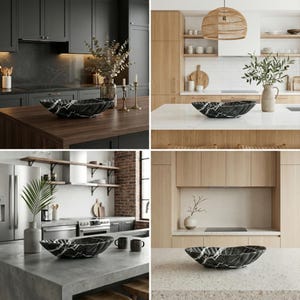 May include: A black and white marble decorative bowl with a unique, wavy shape. The bowl is displayed in various kitchen settings, showcasing its versatility as a centerpiece or accent piece. The bowl's dimensions are not visible.