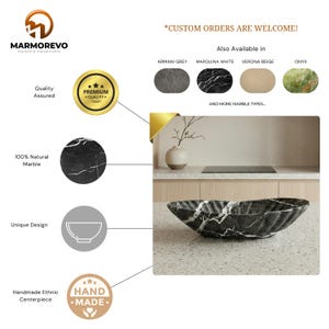 May include: A handmade, black marble centerpiece with a unique design. The marble bowl is displayed on a countertop. The image includes text that says "Custom Orders Are Welcome!" and "Hand Made."