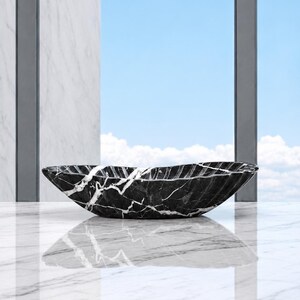 Black Marble Boat Bowl, Handcarved Natural Stone bowl, Decorative bowl Flower Design Table Centerpiece for Dining Table & Kitchen Countertop image 2