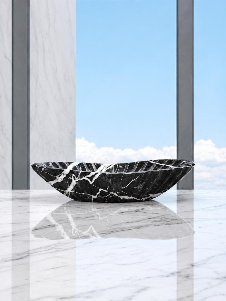 Black Marble Boat Bowl, Handcarved Natural Stone bowl, Decorative bowl Flower Design Table Centerpiece for Dining Table & Kitchen Countertop image 2