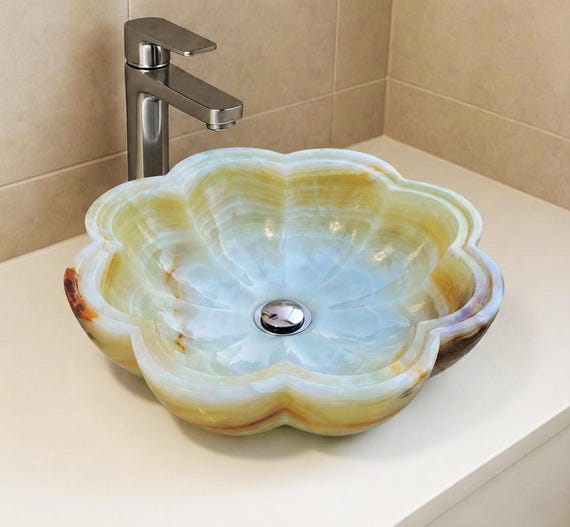 Handcrafted White Onyx Vessel Sink, Natural Stone Lotus Shape Wash Basin, Flower Petal Design, Modern Countertop Vanity Sink, Luxury Sink