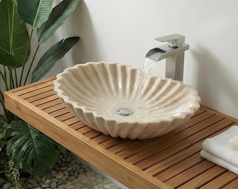 Lavandino da appoggio in marmo beige / Lavandino in marmo smerlato intagliato a mano / Lavandino con volant per mobiletto da bagno, mobiletto da appoggio, lavabo da appoggio in pietra naturale