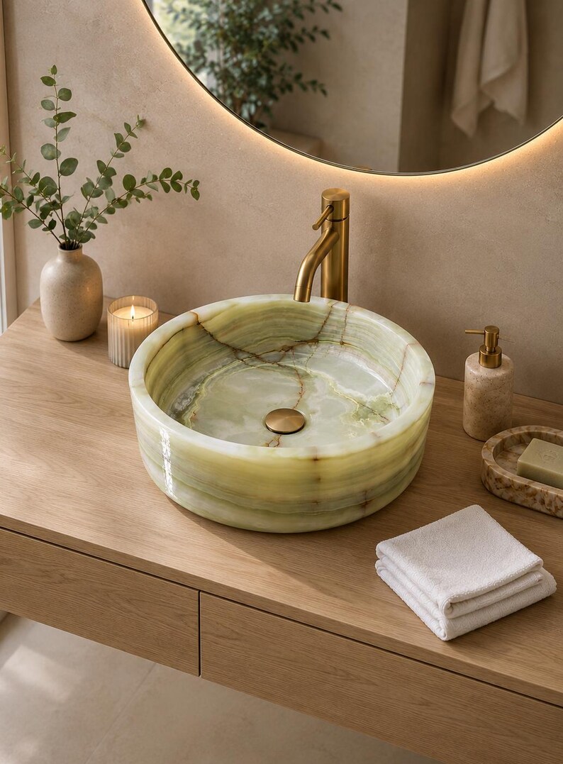 May include: A round, light green onyx stone vessel sink with natural veining and a polished finish. The sink features a central drain and is paired with a tall, brushed brass faucet. The basin sits on a wooden vanity surface.