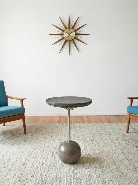 Coffee Brown Marble Pedestal Table | Natural Stone Table, Ball Base Round Side Table | Modern Accent Table, Sculptural Living Room Furniture