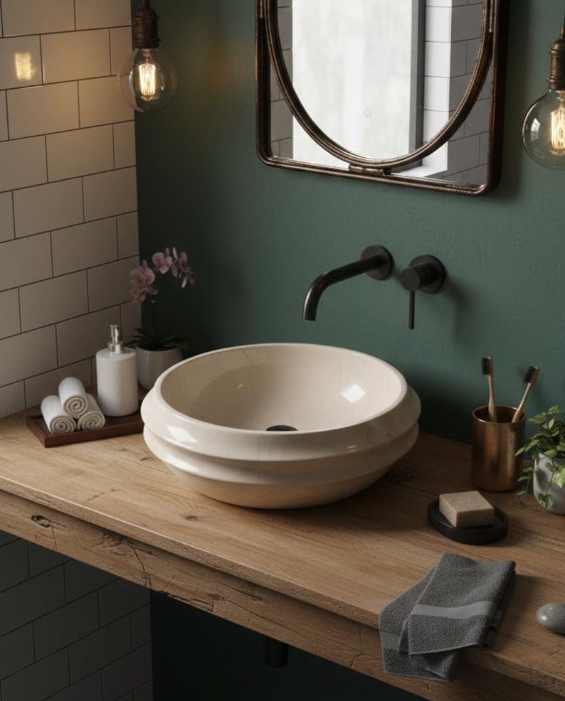 May include: A cream-colored, round bathroom sink with a tiered design sits on a wooden vanity. The sink is paired with a black faucet and a dark-framed mirror. The bathroom features a green wall and white tile.